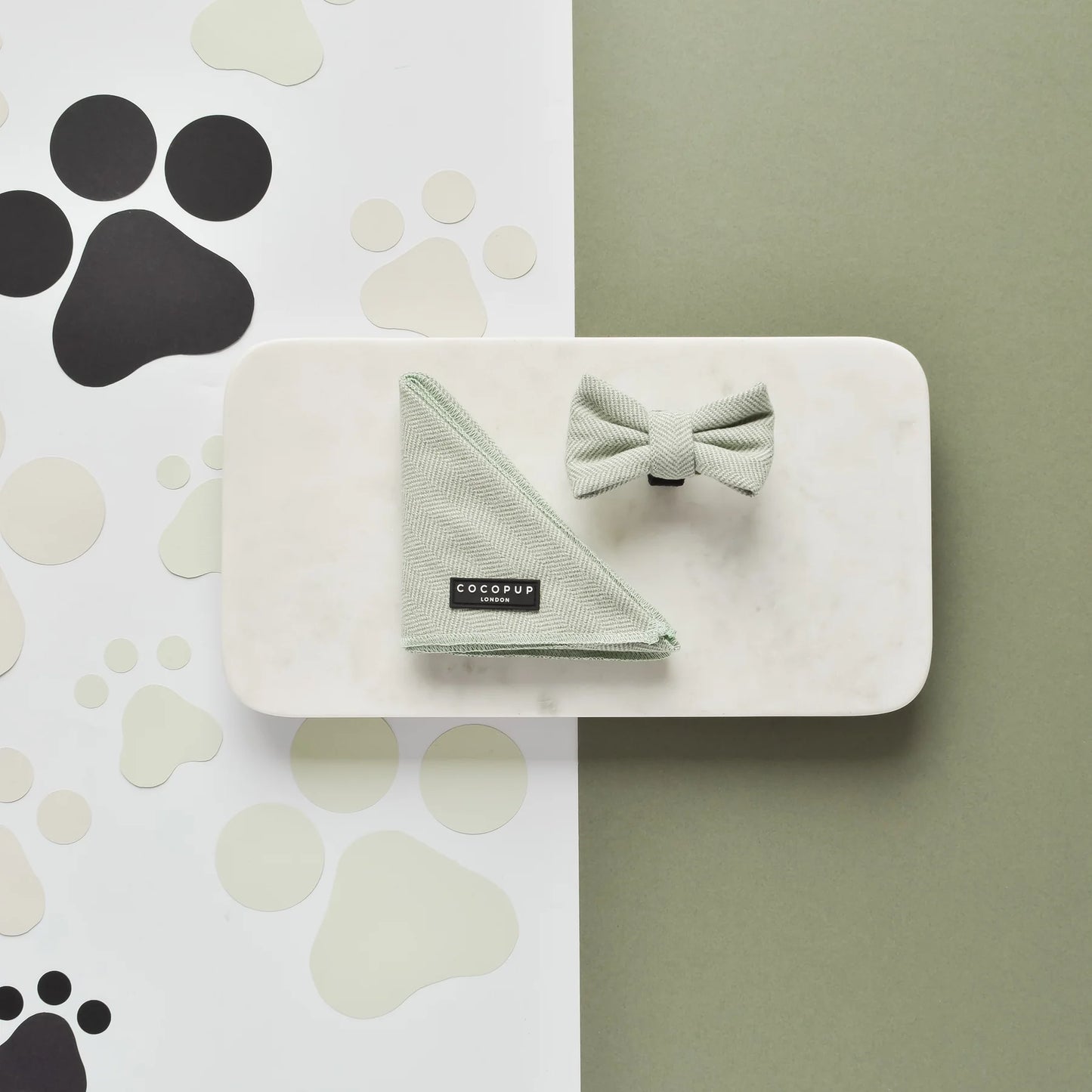 Cocopup London Bow Tie Sage Tweed – lifestyle on dog