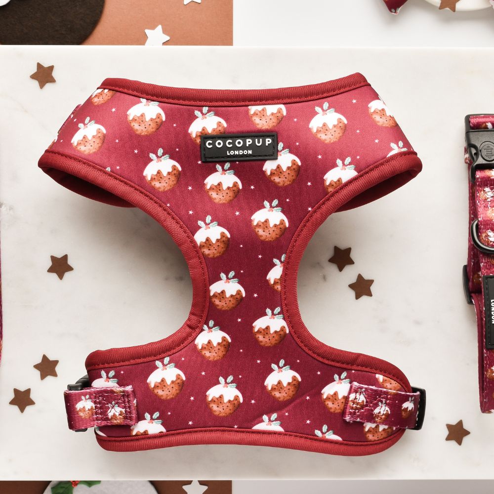 Cocopup London Adjustable Neck Harness Woofmas Pudding – festive pudding print on cranberry background