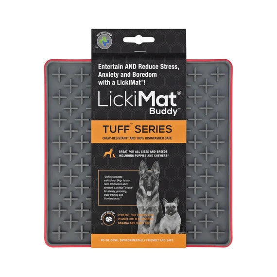 LickiMat Buddy Tuff Red with dog licking