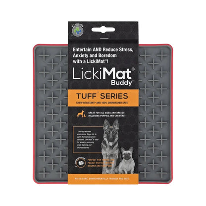 LickiMat Buddy Tuff Red with dog licking
