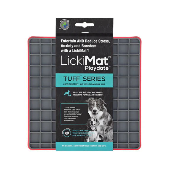 LickiMat Playdate Tuff Red with dog licking