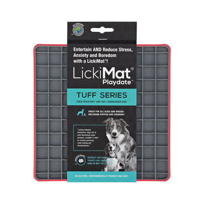 LickiMat Playdate Tuff Red with dog licking