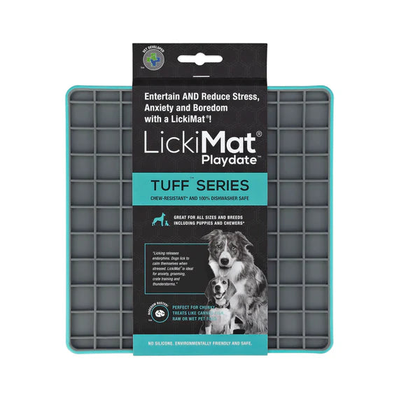 LickiMat Playdate Tuff Turquoise with dog licking