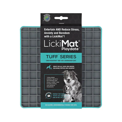 LickiMat Playdate Tuff Turquoise with dog licking