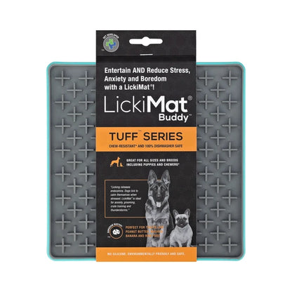 LickiMat Buddy Tuff Turquoise with dog licking