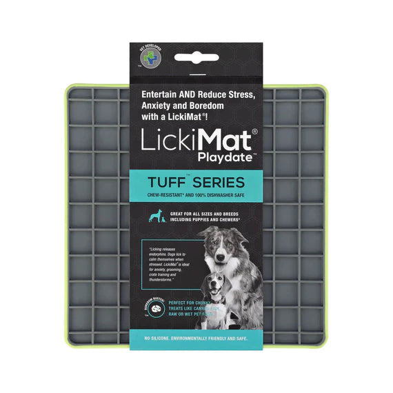 LickiMat Playdate Tuff Green with dog licking