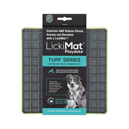 LickiMat Playdate Tuff Green with dog licking