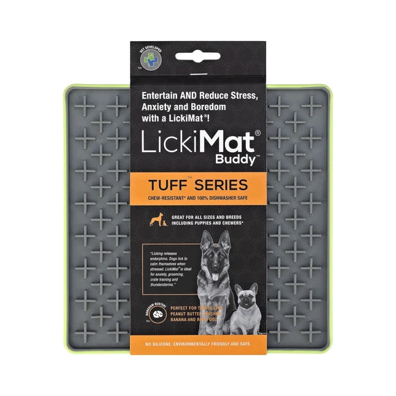 LickiMat Buddy Tuff Green with dog licking