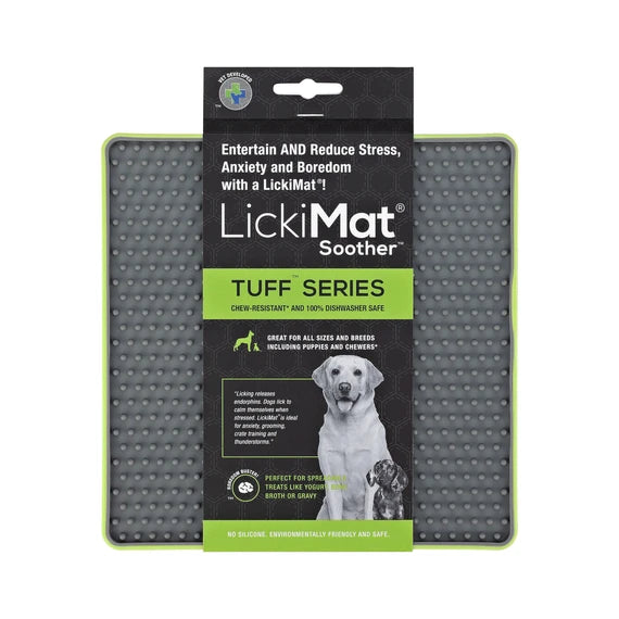 LickiMat Soother Tuff Green with dog licking
