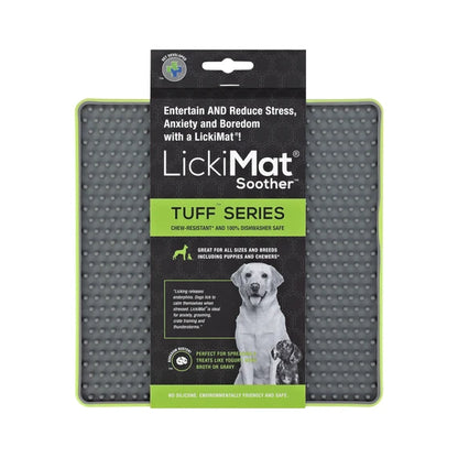 LickiMat Soother Tuff Green with dog licking