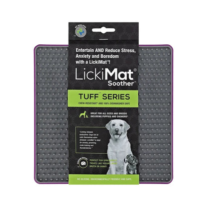 LickiMat Soother Tuff Purple with dog licking