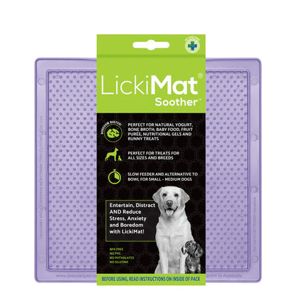 LickiMat Pastel Soother Lavender with dog licking
