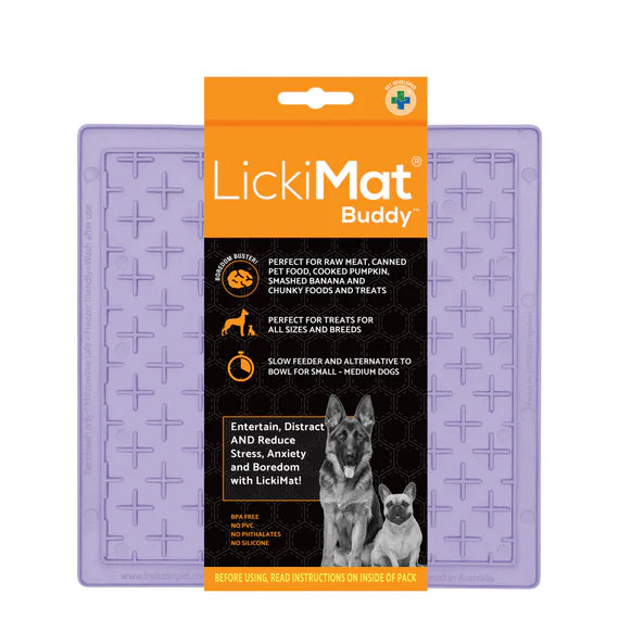 LickiMat Pastel Playdate Lavender with dog licking