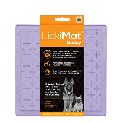 LickiMat Pastel Playdate Lavender with dog licking