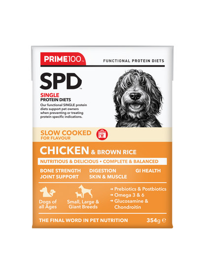 Prime100 - SPD Slow Cooked Chicken & Brown Rice - Tray of 12 x 354g