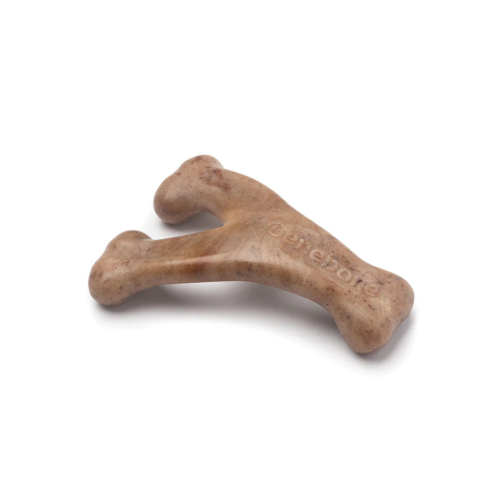 Benebone Bacon Puppy Wishbone – lifestyle angle shot with puppy chew toy pack
