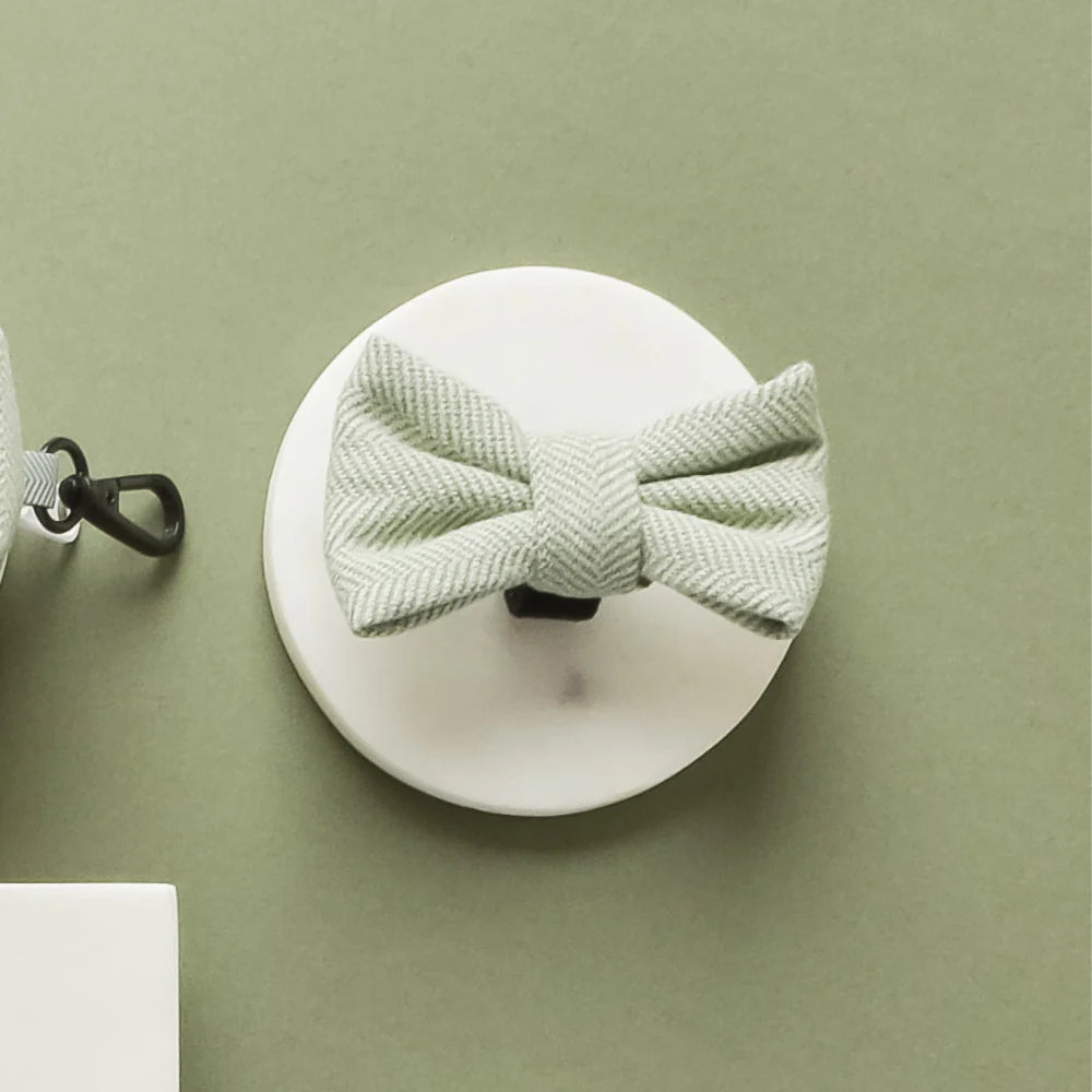 Cocopup London Bow Tie Sage Tweed – herringbone pattern front view