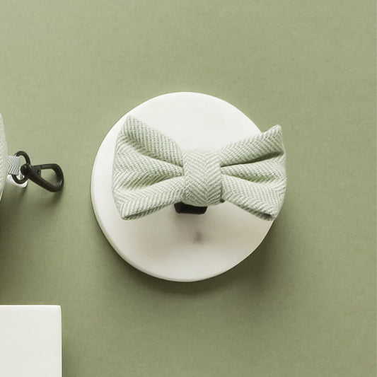Cocopup London Bow Tie Sage Tweed – herringbone pattern front view