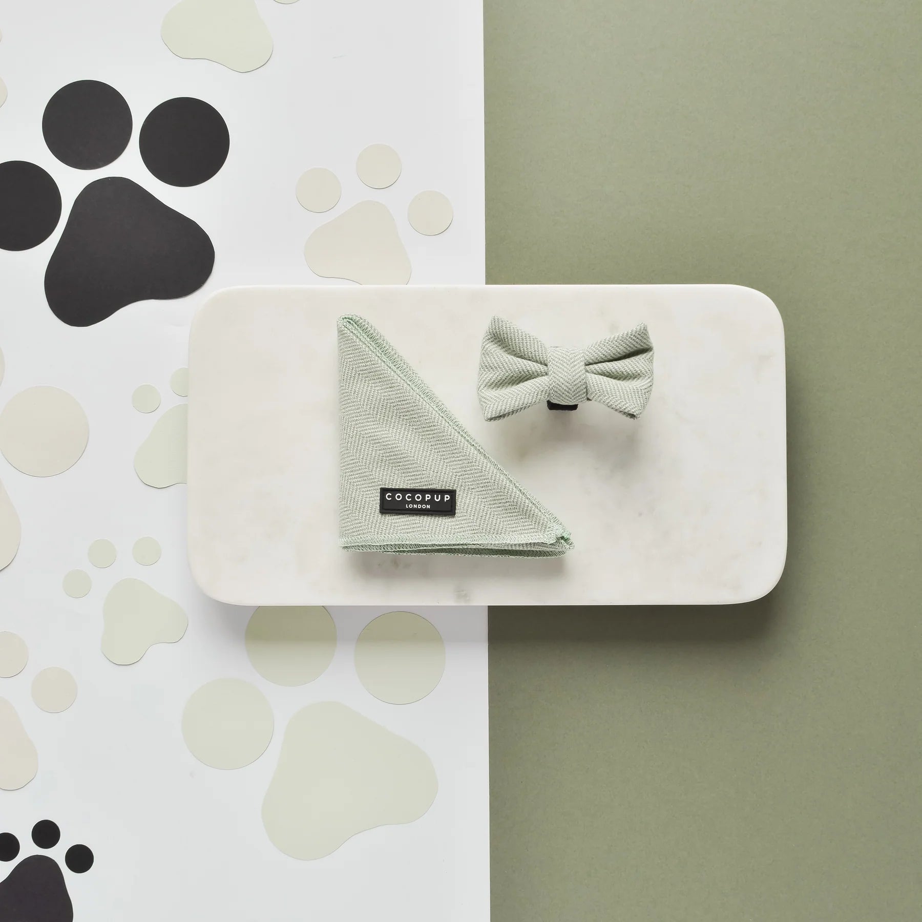 Cocopup London Bow Tie Sage Tweed – lifestyle on dog
