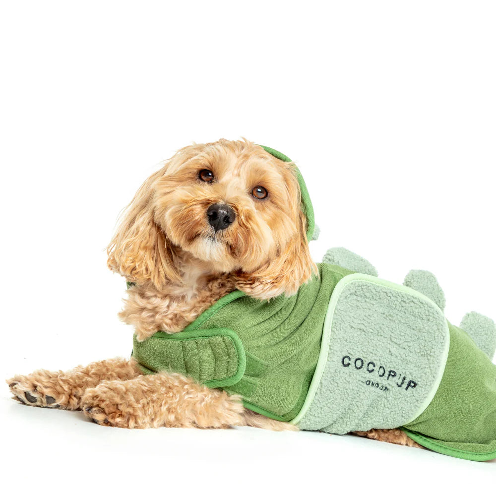 Cocopup London Dinopup Drying Robe - dog wearing green dinosaur drying robe