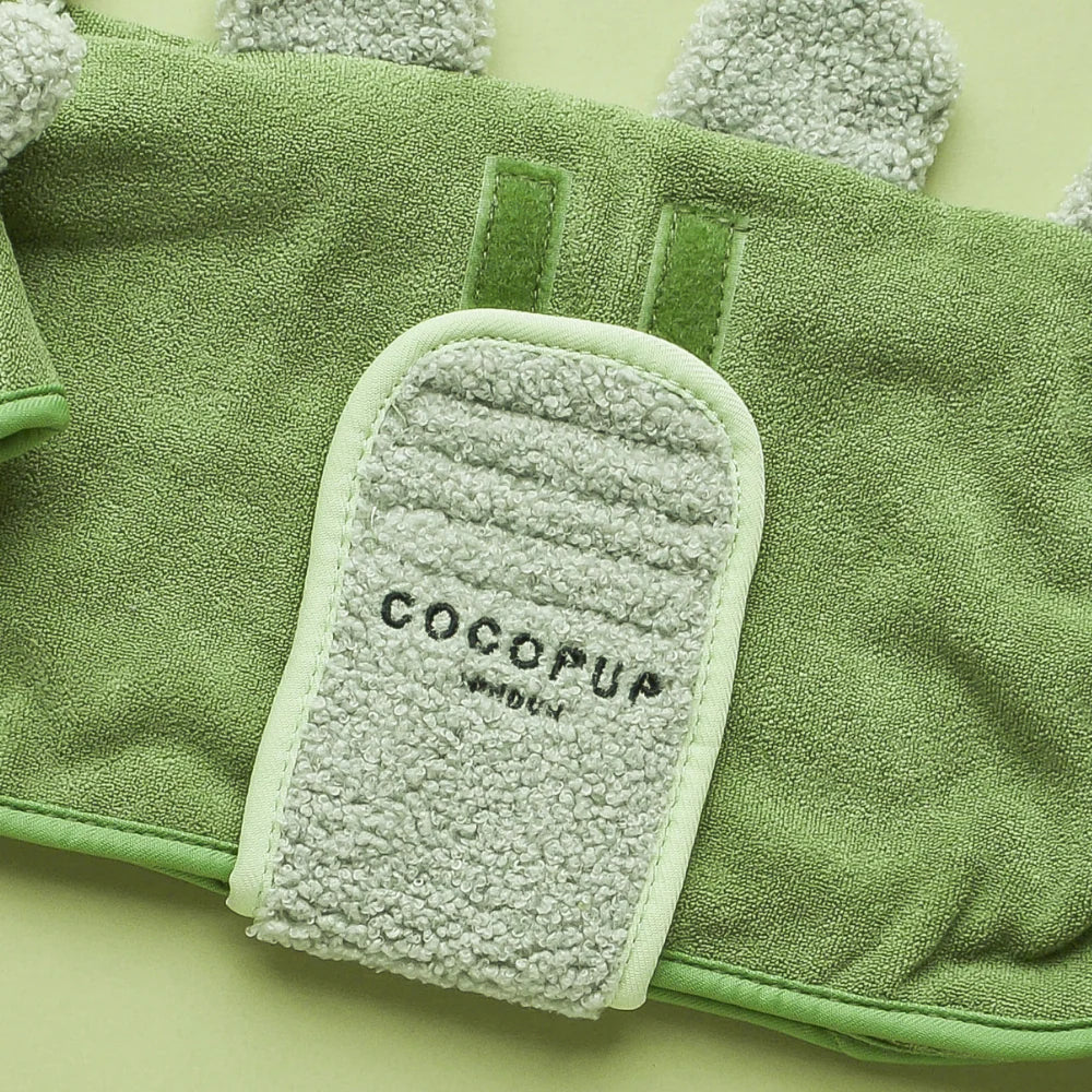 Cocopup London Dinopup Drying Robe - front view green microfibre robe