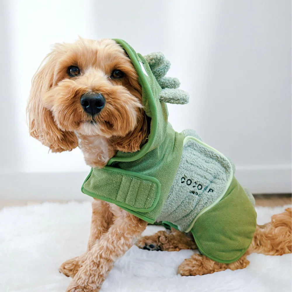 Cocopup London Dinopup Drying Robe - dog modelling the robe with dino hood