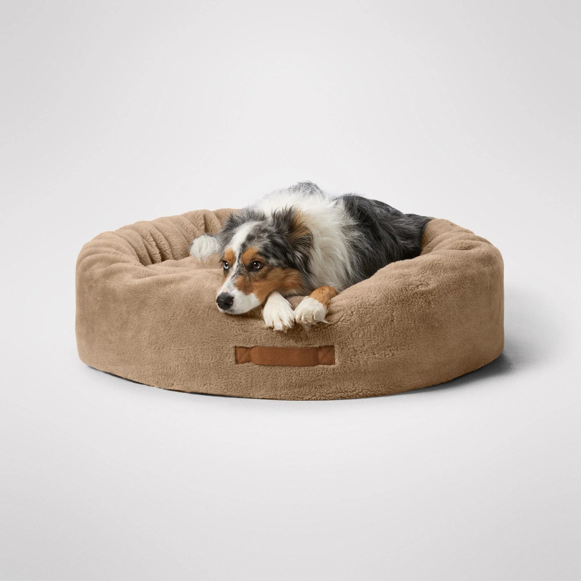 MiniJumbuk Sleep Calm Oasis Fawn – dog resting in circular bed