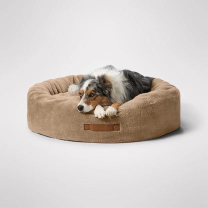 MiniJumbuk Sleep Calm Oasis Fawn – dog resting in circular bed