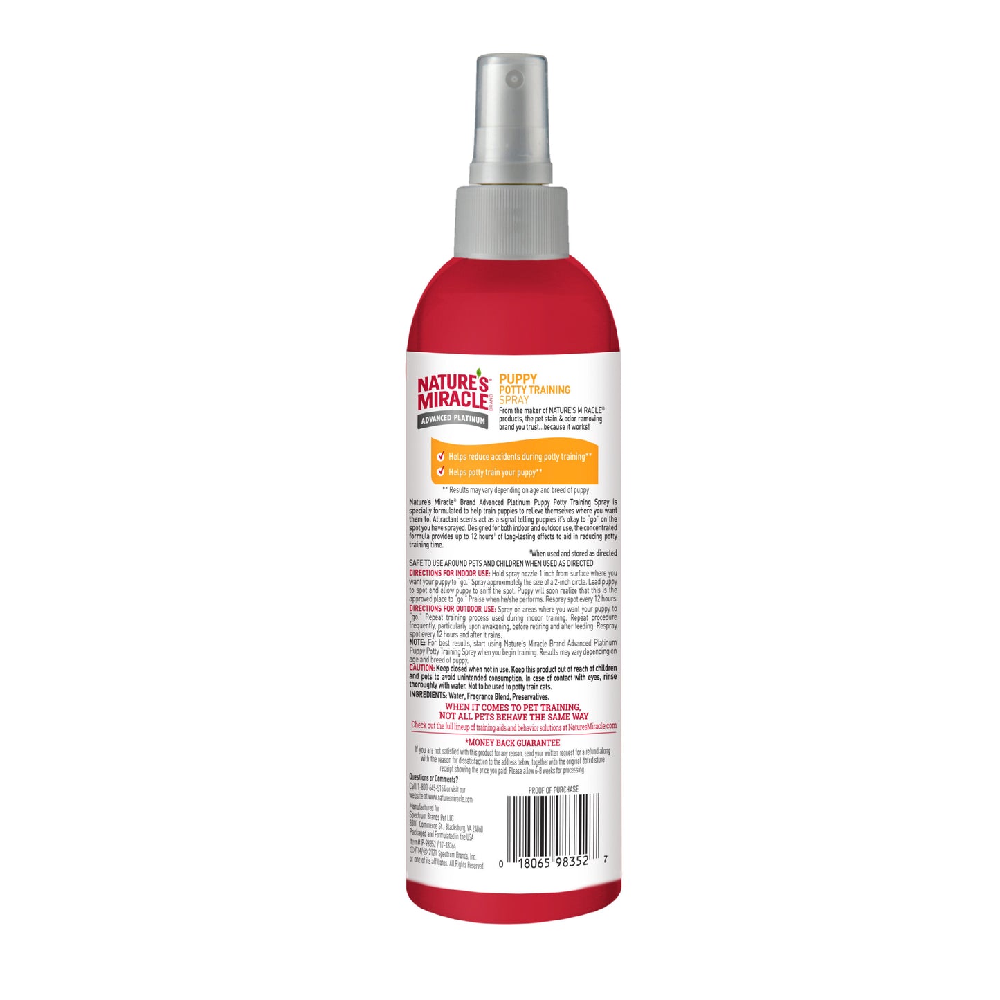 Nature's Miracle Puppy Potty Training Spray 473ml – back label with directions