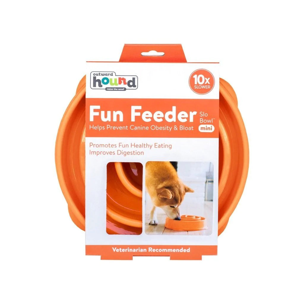 Outward Hound Fun Feeder Slo Bowl Mini orange maze bowl lifestyle shot
