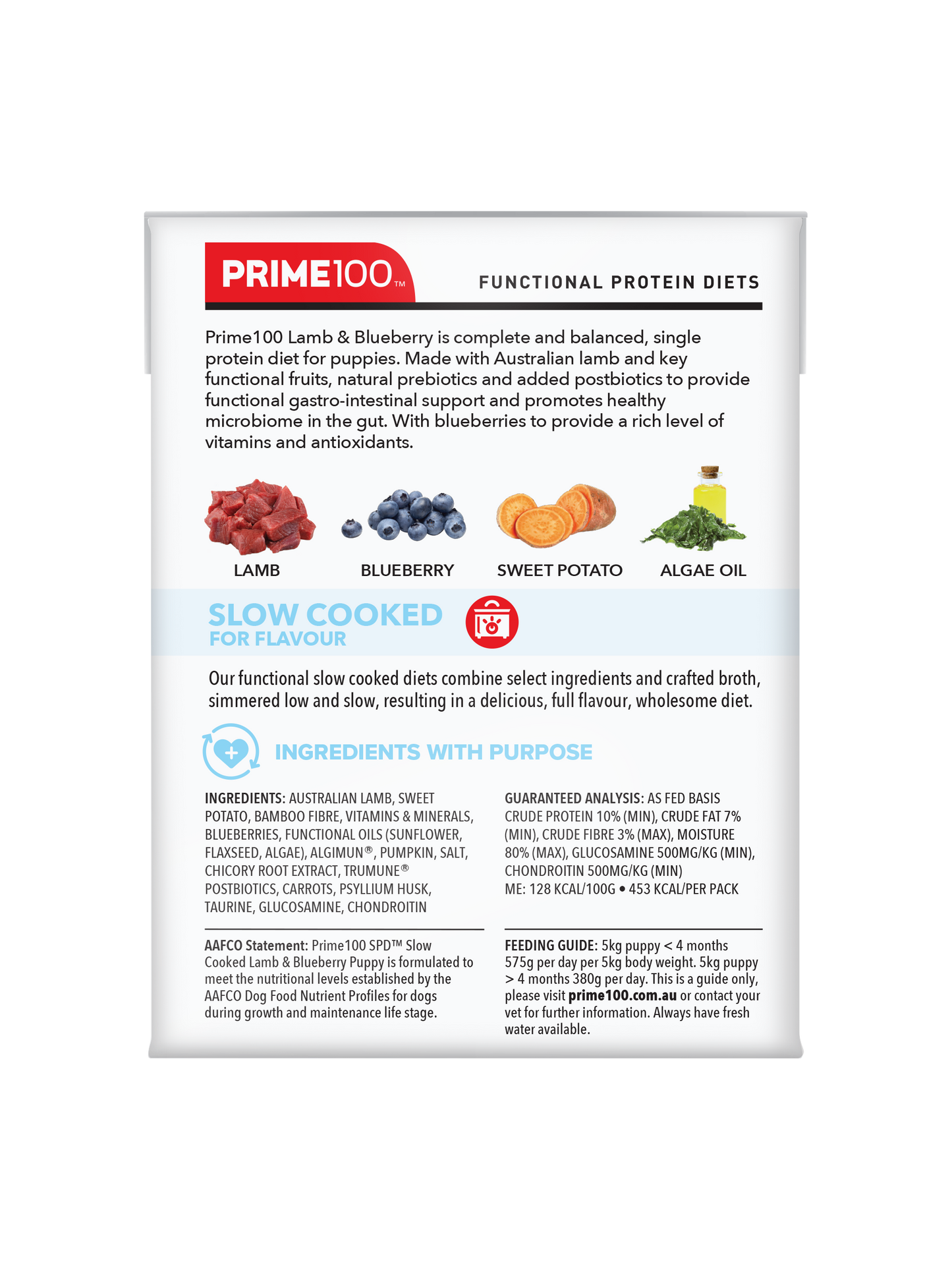 Prime100 SPD Slow Cooked Lamb & Blueberry Puppy - back of pack