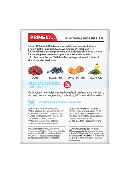 Prime100 SPD Slow Cooked Lamb & Blueberry Puppy - back of pack