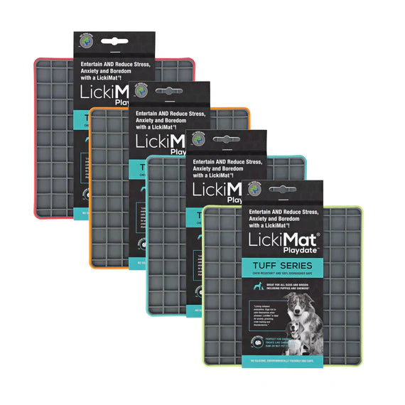 LickiMat Playdate Tuff Series - all four colours group shot with labels