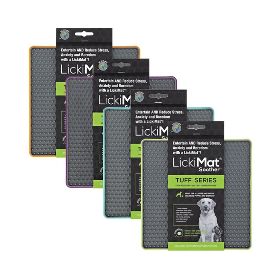LickiMat Soother Tuff Series - all four colours group shot with labels