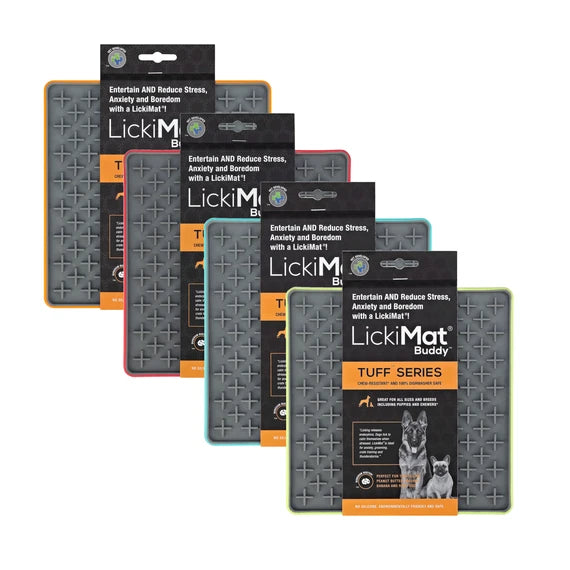 LickiMat Buddy Tuff Series - all four colours group shot with labels