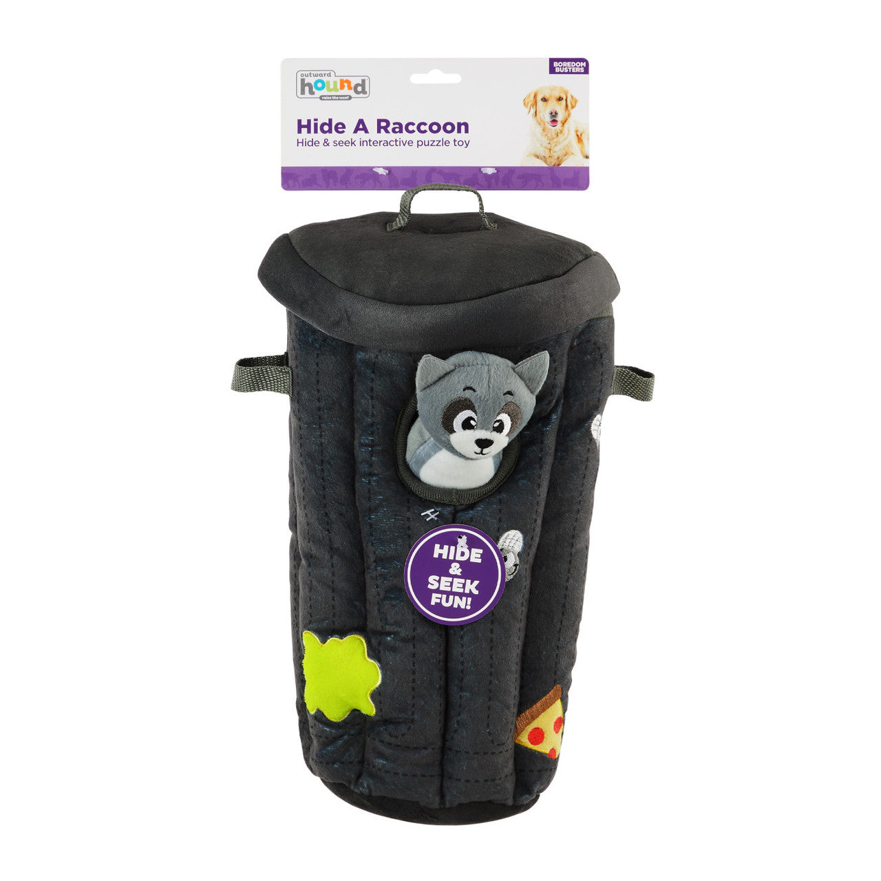 Outward Hound Hide-A-Raccoon puzzle toy with 6 squeaky raccoon plushies